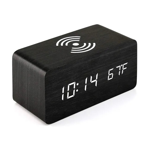 Wooden Digital Alarm Clock With Wireless Charging