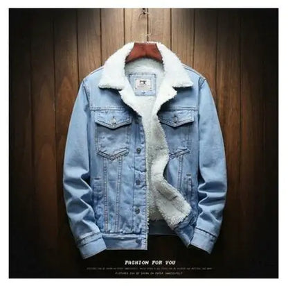 Men Light Blue Winter Jean Jackets Outerwear Warm Denim Coats New Men