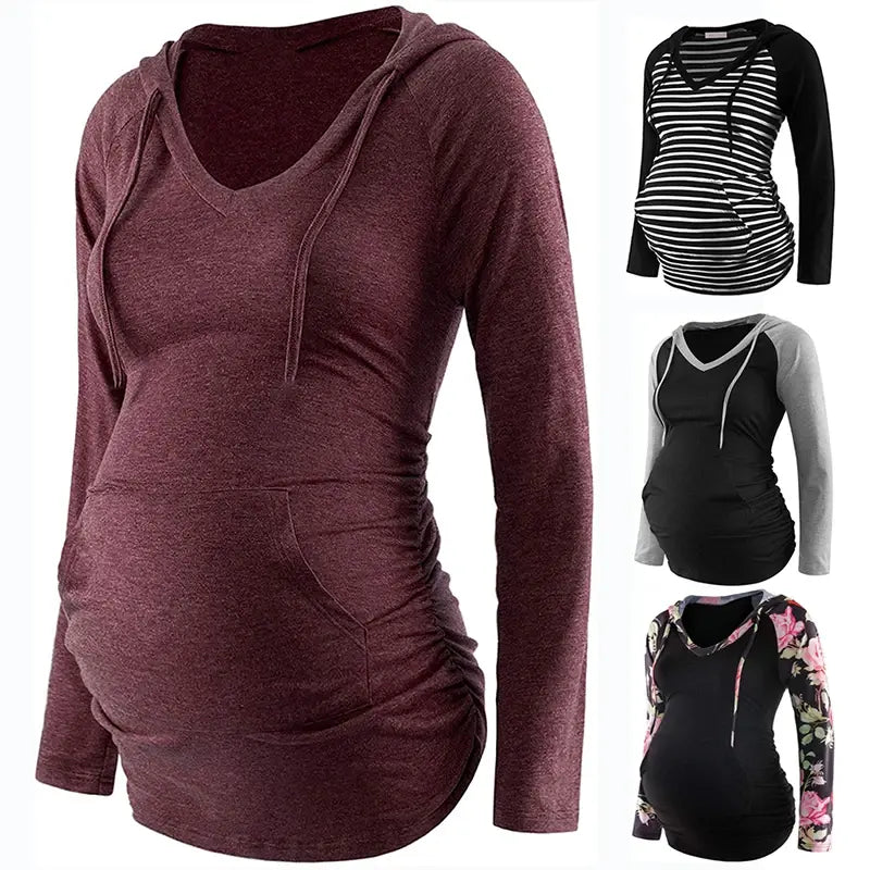 Women Maternity Hoodies Striped V-Neck